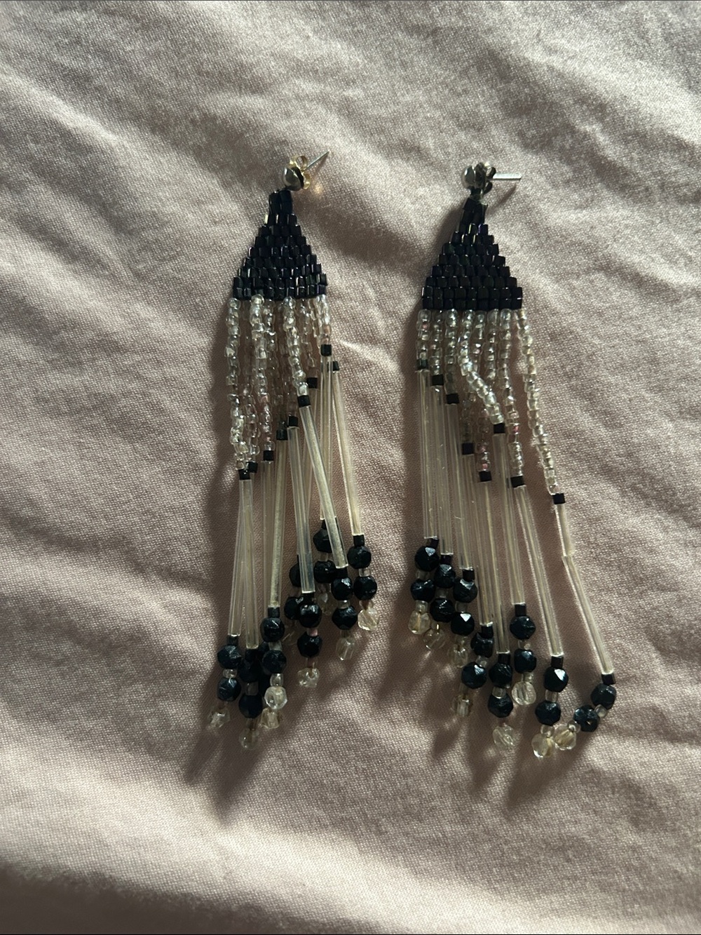 Black and Clear Beaded Fringe Drop Earrings - Women Jewelry